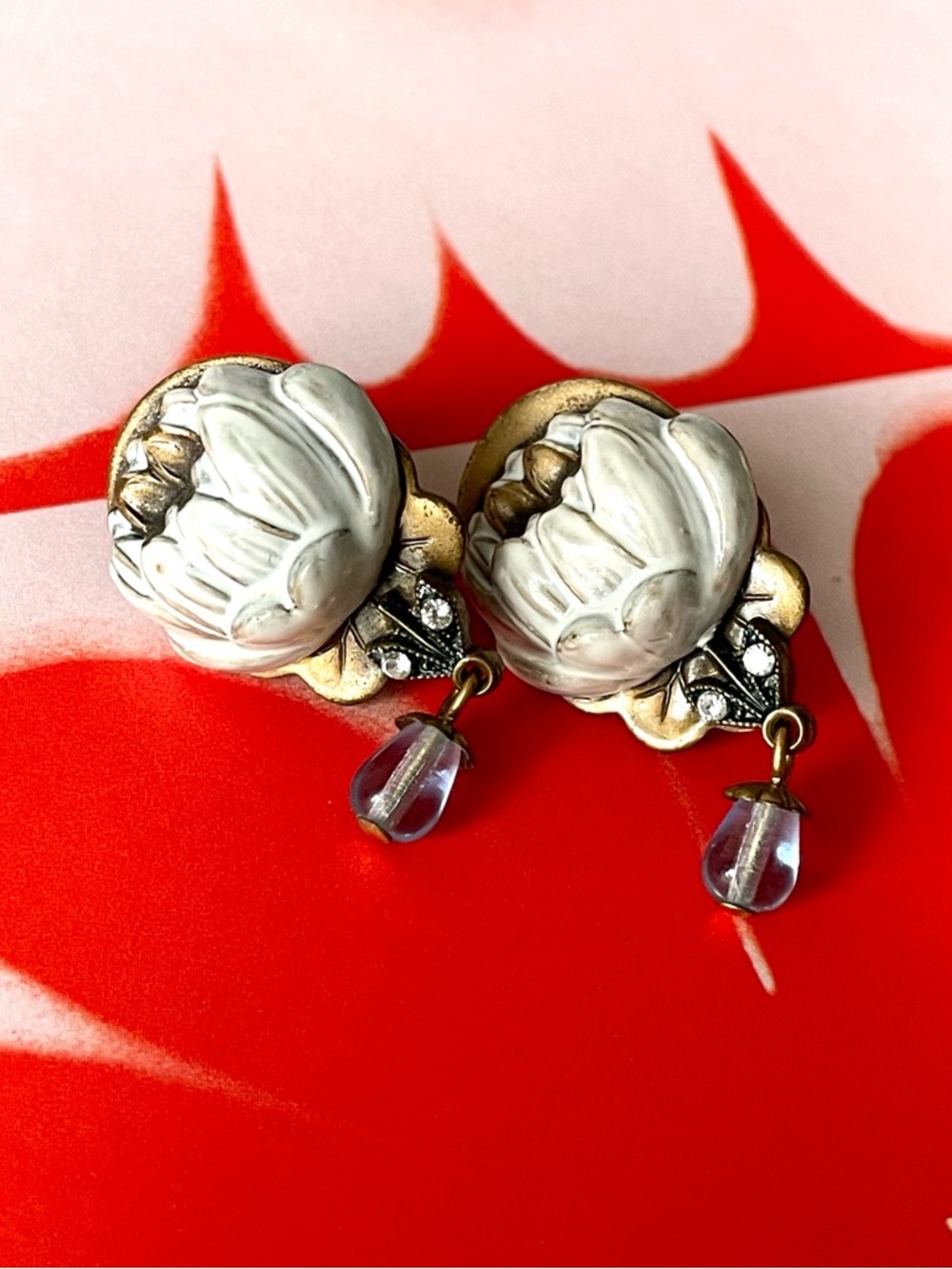 Vintage antiqued metal & applied water lily/white lotus clip-on earrings